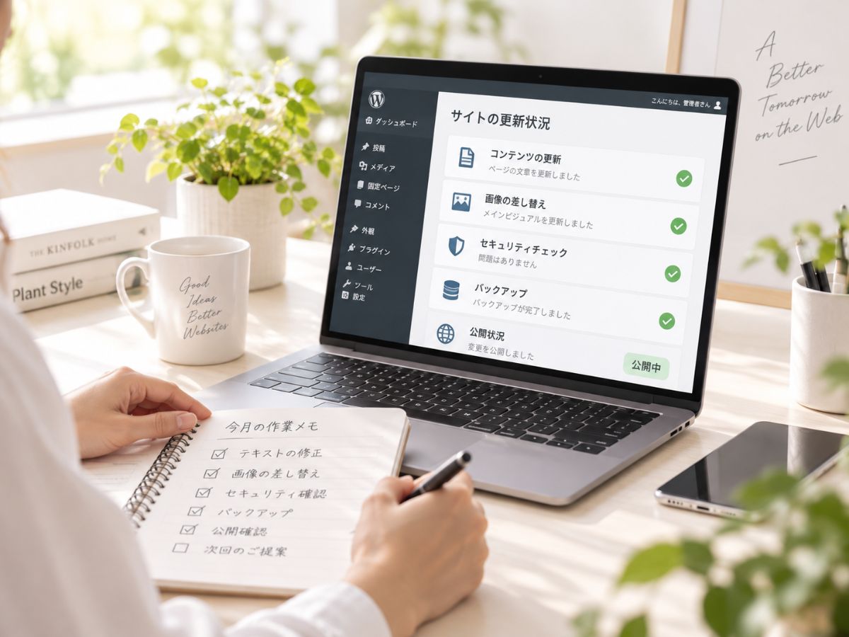ノートパソコンで公開後のサイトの更新状況を確認しながら、今月の作業メモを書いている様子。